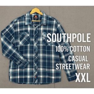 Southpole Cotton‎ Plaid Flannel Shirt Size XXL Men's Blue Gray Streetwear Casual